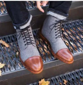 Classic English Men's Boots Fabric & Leather Casual Med-Top Shoes For Men