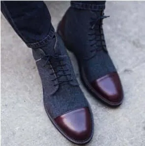 Classic English Men's Boots Fabric & Leather Casual Med-Top Shoes For Men
