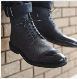 Classic English Men's Boots Fabric & Leather Casual Med-Top Shoes For Men