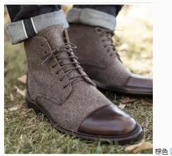 Classic English Men's Boots Fabric & Leather Casual Med-Top Shoes For Men