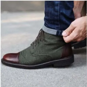 Classic English Men's Boots Fabric & Leather Casual Med-Top Shoes For Men