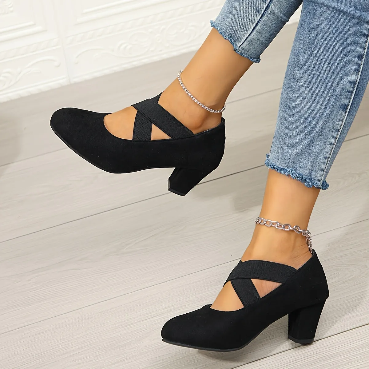 Comfortable Chunky Heel Round Toe Pumps - Chic High Heels with Elastic Band