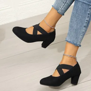 Comfortable Chunky Heel Round Toe Pumps - Chic High Heels with Elastic Band