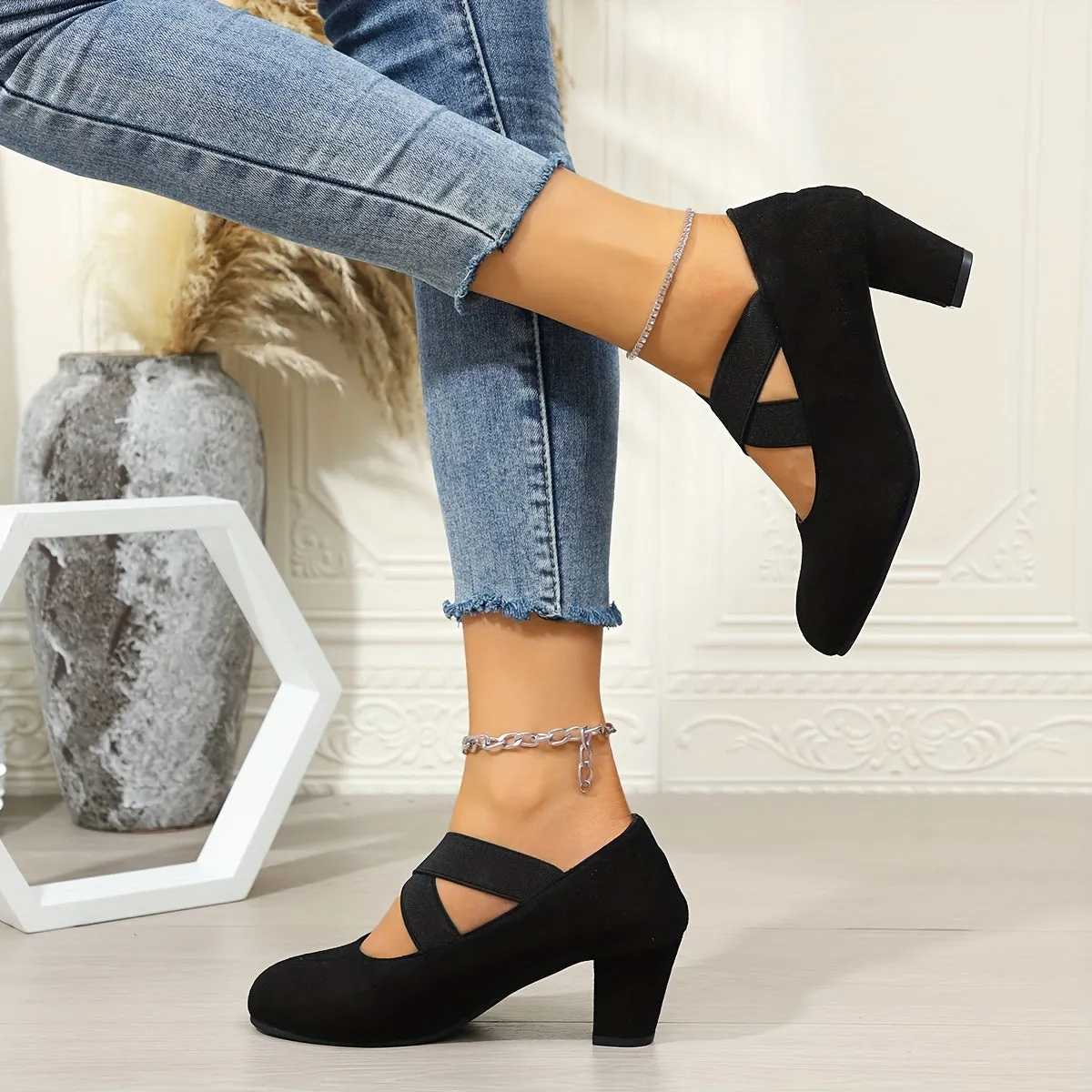 Comfortable Chunky Heel Round Toe Pumps - Chic High Heels with Elastic Band