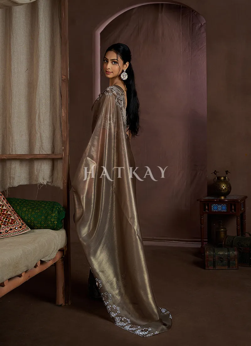 Copper Brown Handwork Silk Wedding Saree