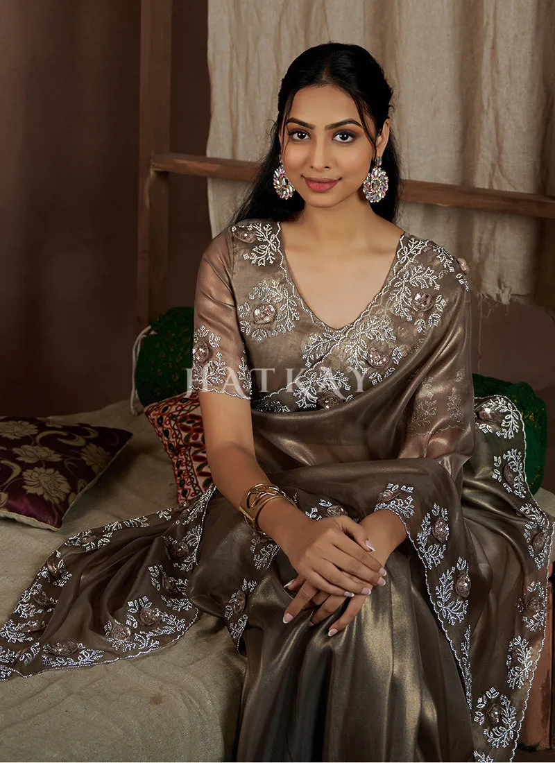 Copper Brown Handwork Silk Wedding Saree