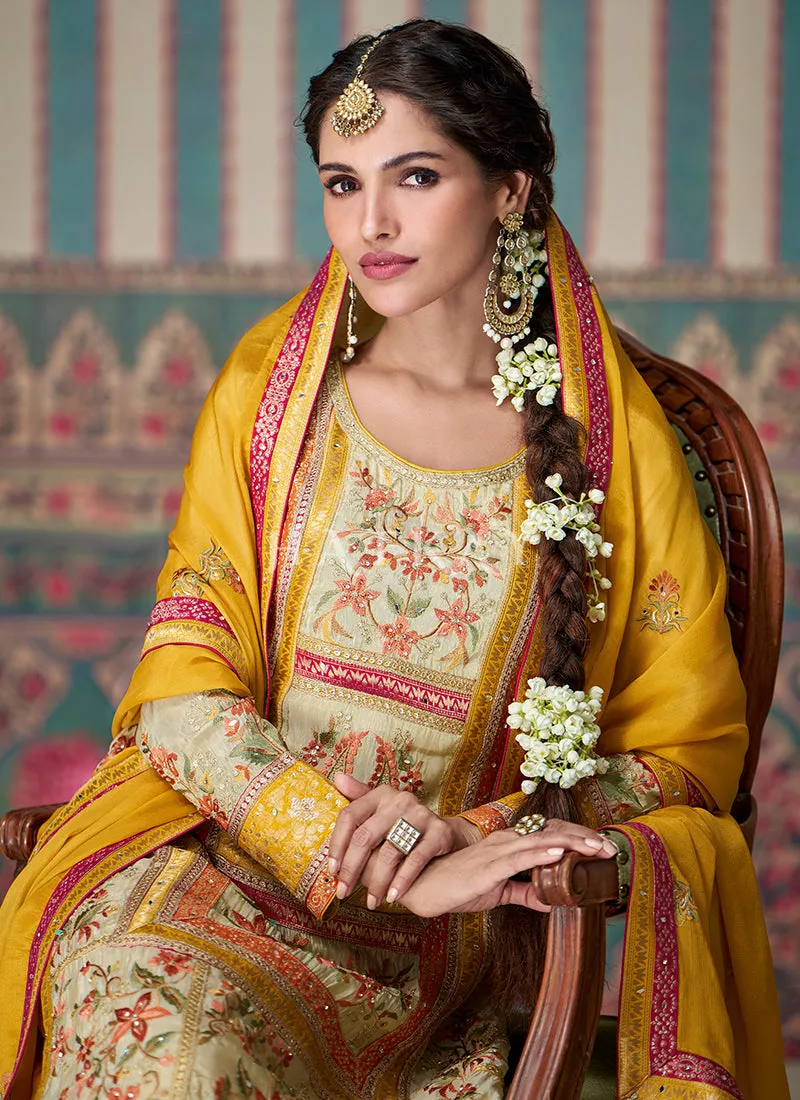 Cream And Yellow Pakistani Palazzo Suit