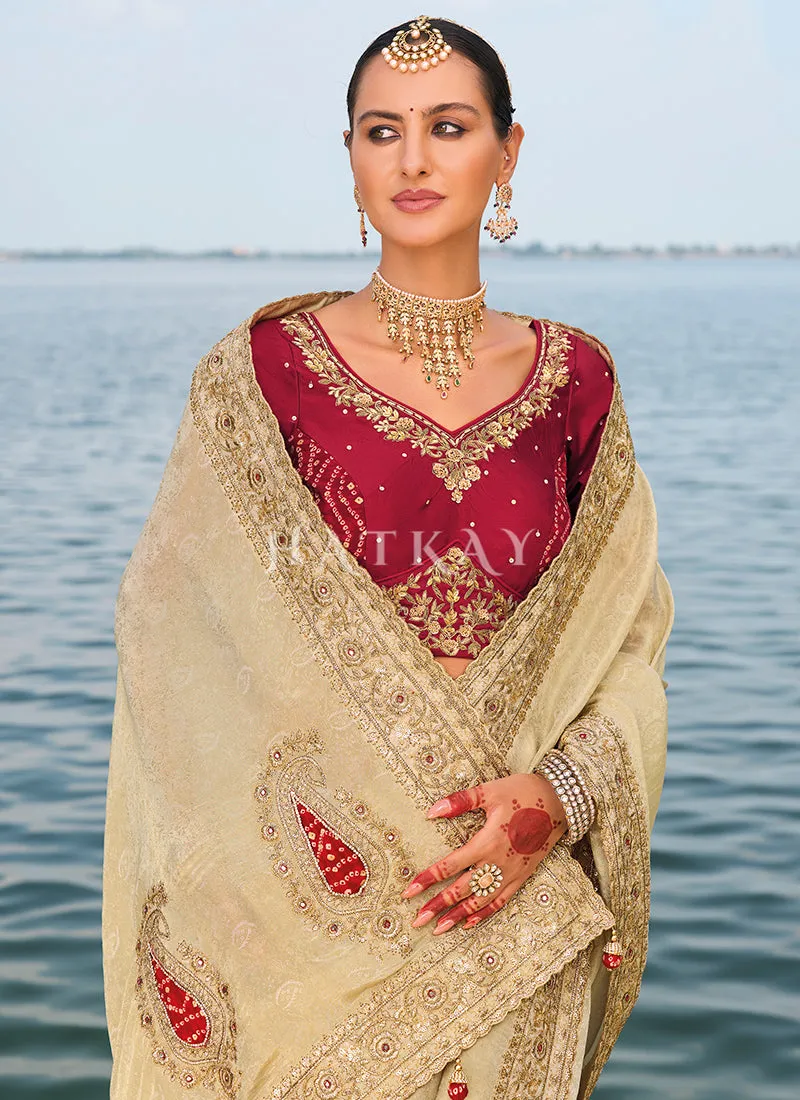 Cream Red Handwork Embroidery Wedding Saree
