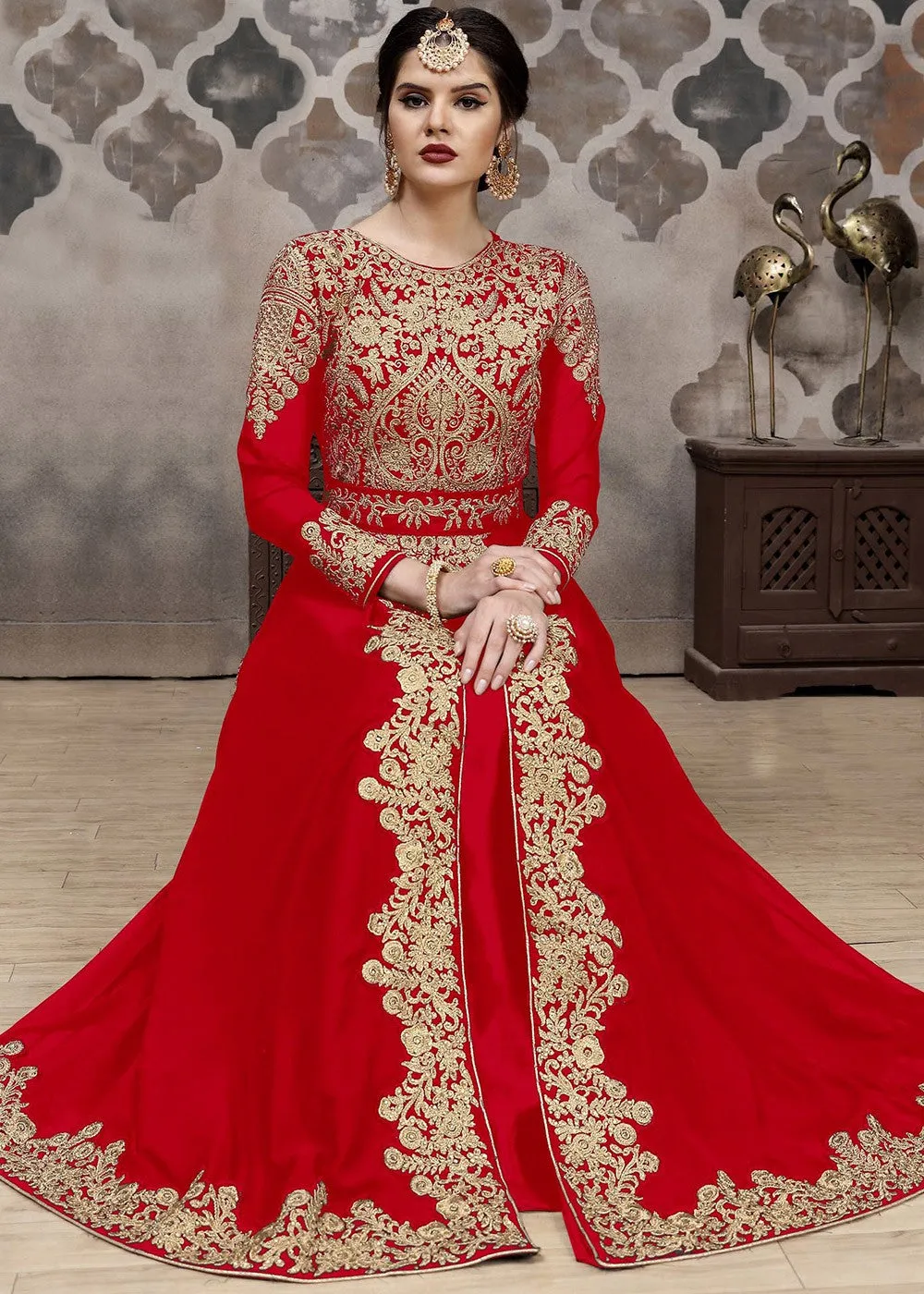 Crimson Red Golden Afghan Dress