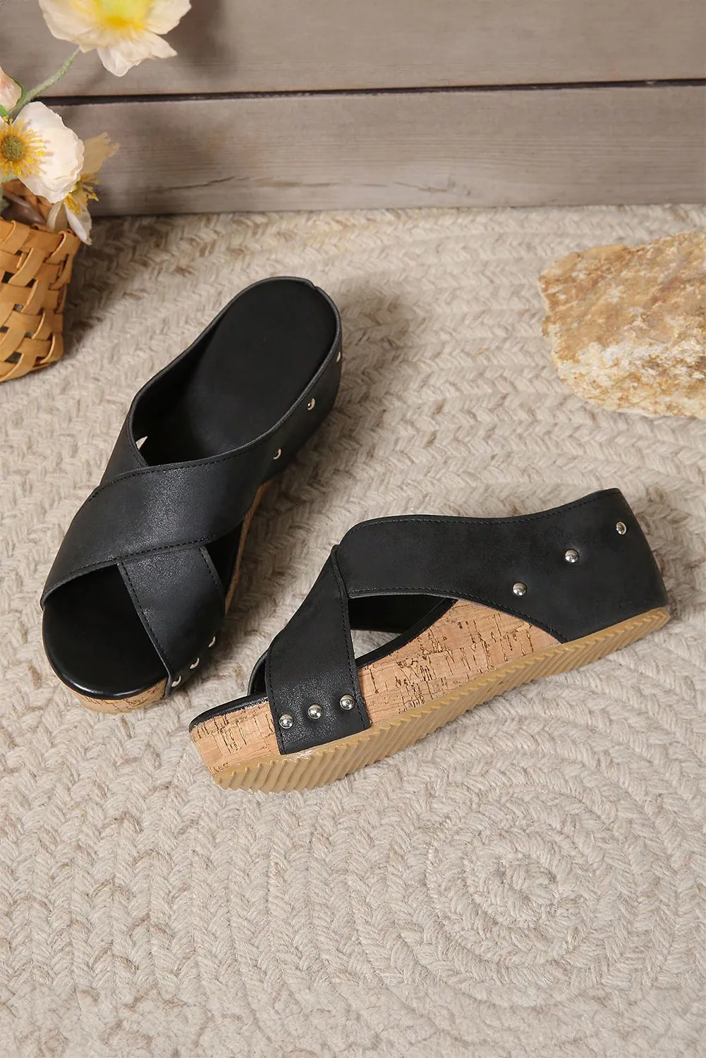 Criss Cross Studded Wedge Slippers