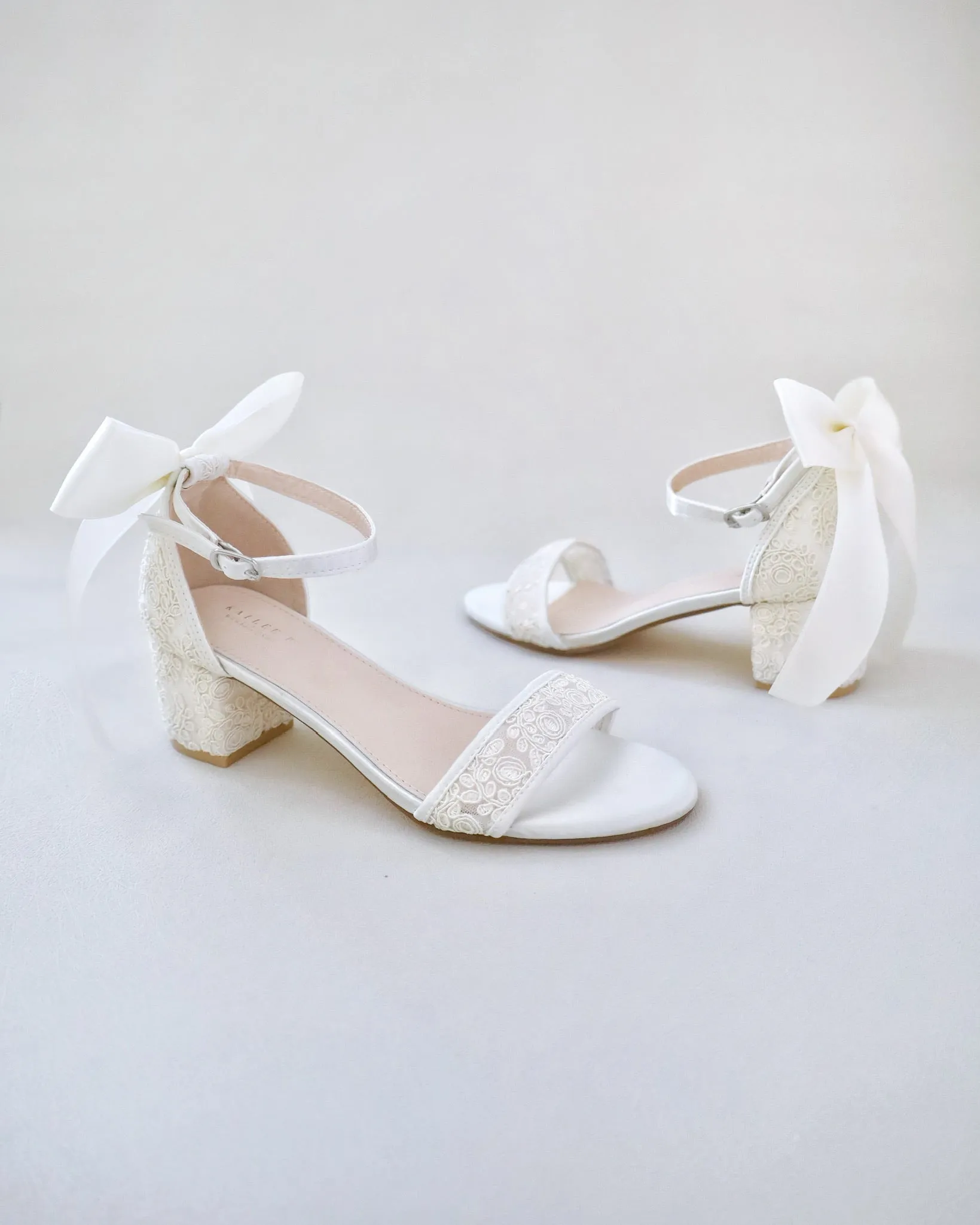 Crochet Lace Block Heel Wedding Sandals with Back Satin Bow