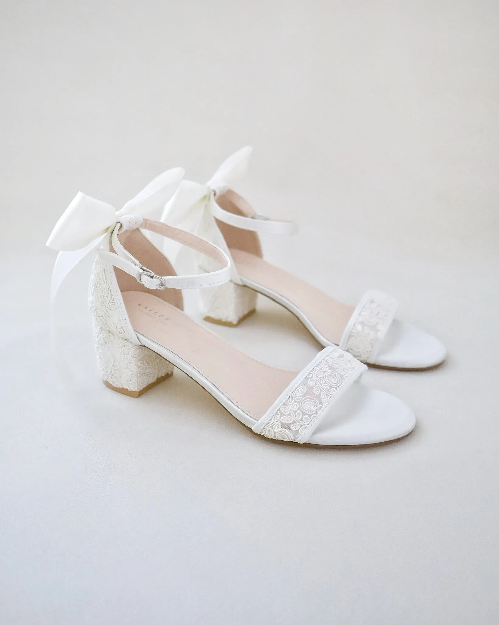 Crochet Lace Block Heel Wedding Sandals with Back Satin Bow
