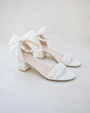 Crochet Lace Block Heel Wedding Sandals with Back Satin Bow