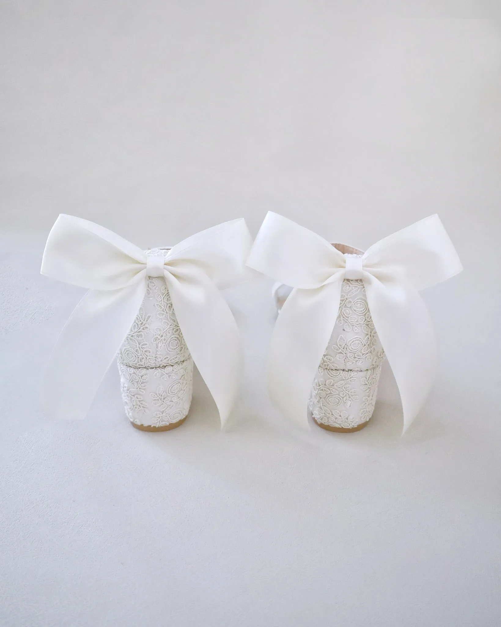 Crochet Lace Block Heel Wedding Sandals with Back Satin Bow