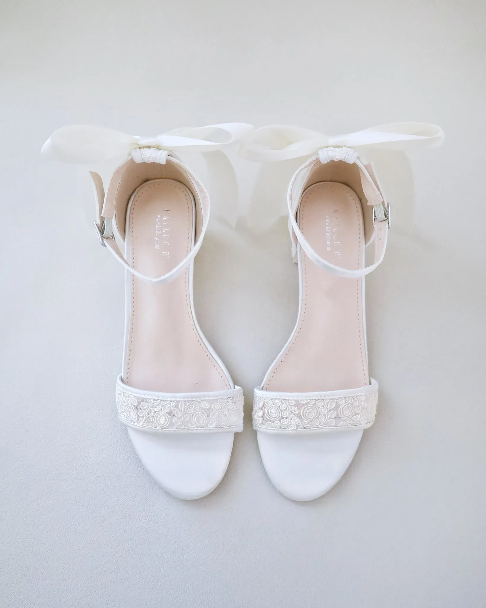 Crochet Lace Block Heel Wedding Sandals with Back Satin Bow