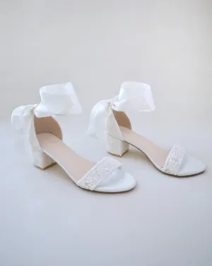 Crochet Lace Block Heel Wedding Sandals with Wrapped Ankle Tie
