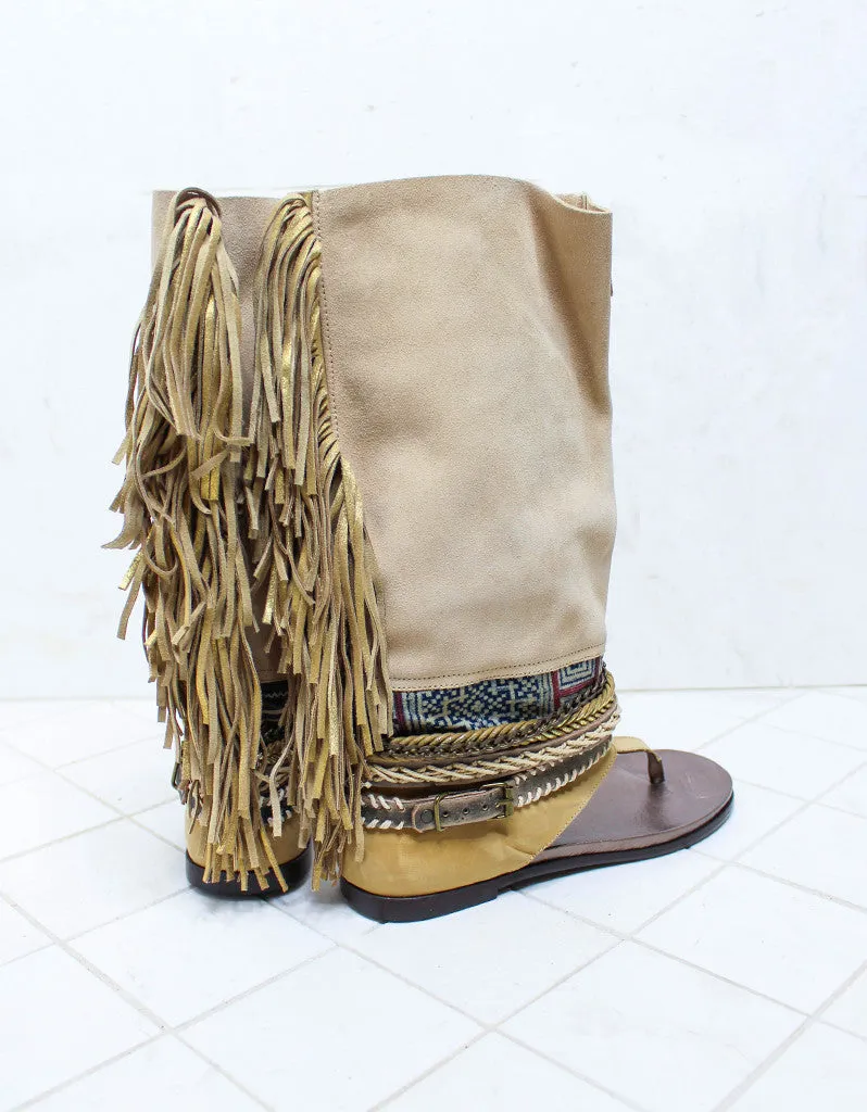 Custom Made Boho High Boot Sandals in Beige | SIZE 41