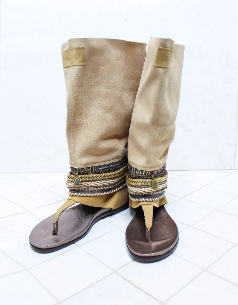 Custom Made Boho High Boot Sandals in Beige | SIZE 41