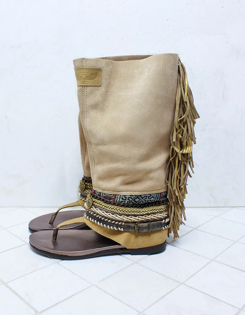 Custom Made Boho High Boot Sandals in Beige | SIZE 41