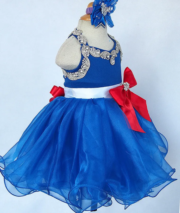 Custom Made Toddler Royal Baby Doll Pageant Dress with Hair Bow