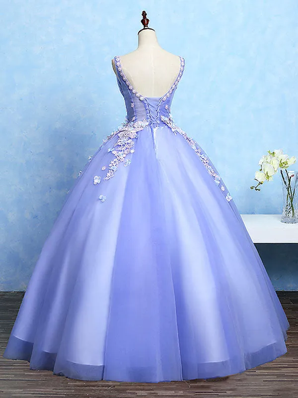 Cute Lavender Tulle Ball Gown V-neckline Sweet 16 Dresses, Light Purple Formal Dresses