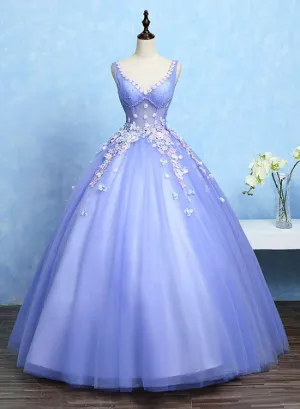 Cute Lavender Tulle Ball Gown V-neckline Sweet 16 Dresses, Light Purple Formal Dresses