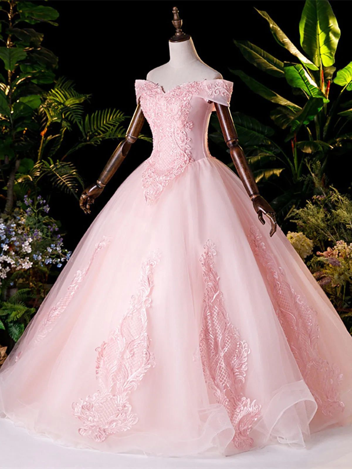 Cute Pink Tulle Off Shoulder Party Dress with Lace Applique, Pink Tulle Sweet 16 Dresses