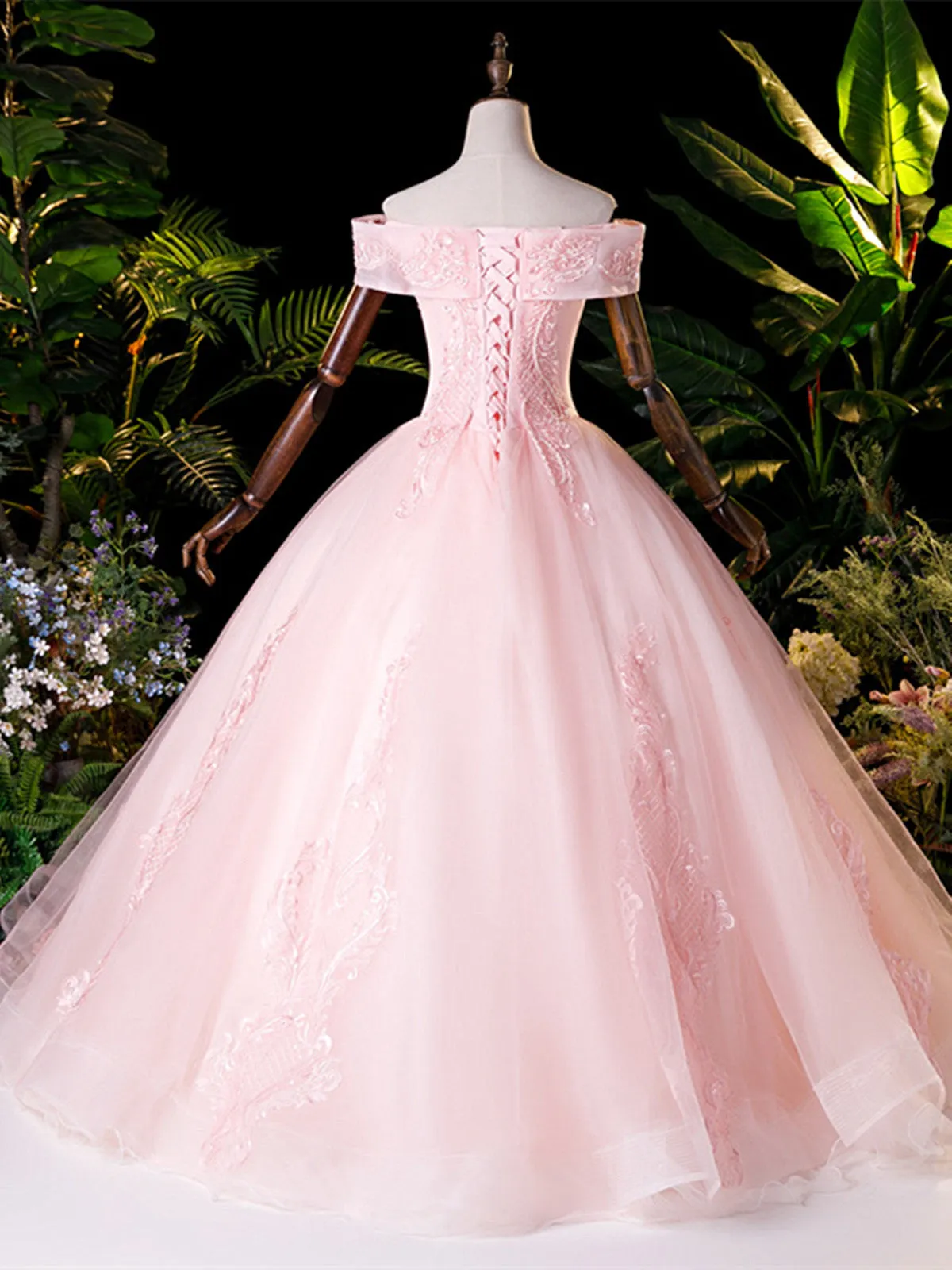 Cute Pink Tulle Off Shoulder Party Dress with Lace Applique, Pink Tulle Sweet 16 Dresses
