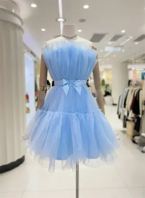 Cute Short Blue Tulle Party Dress with Bow, Lovely Formal Dresses Homecoming Dress