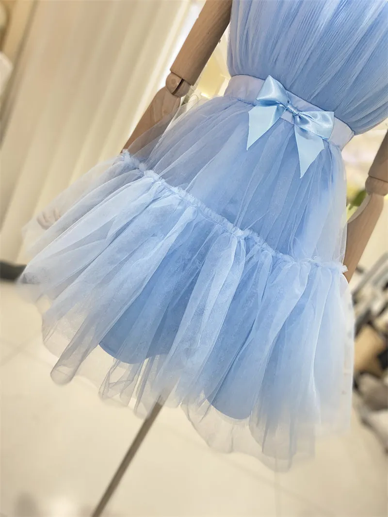 Cute Short Blue Tulle Party Dress with Bow, Lovely Formal Dresses Homecoming Dress