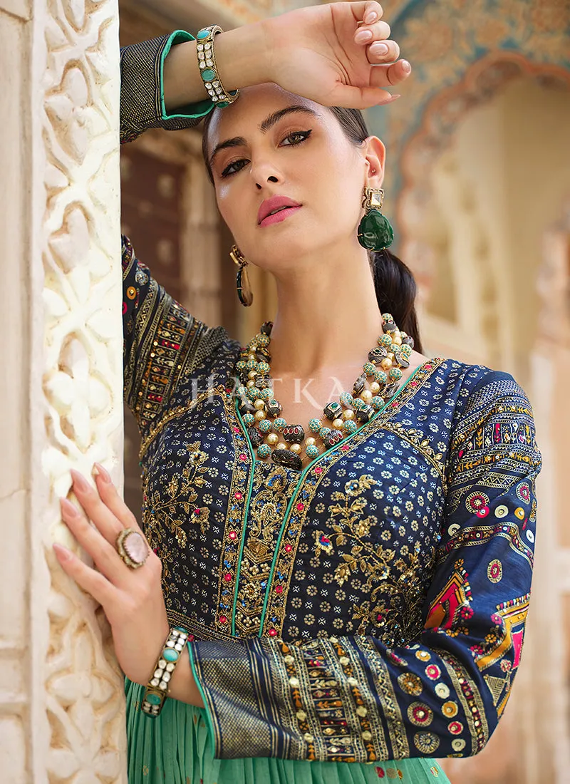 Dark Blue And Teal Handwork Embroidery Gown