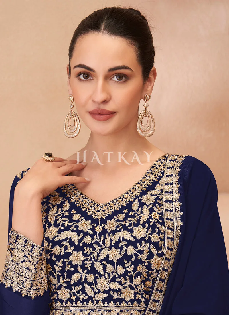 Dark Blue Embroidered Anarkali Lehenga