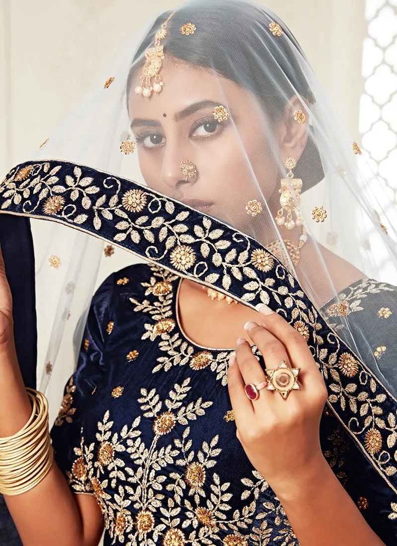 Dark Blue Embroidery Wedding Lehenga Choli