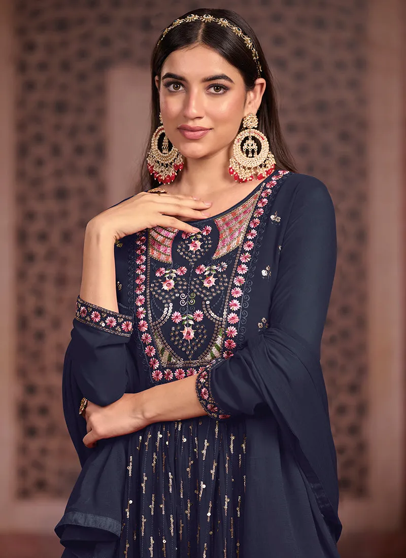 Dark Blue Multi Embroidered Traditional High Slit Palazzo Suit