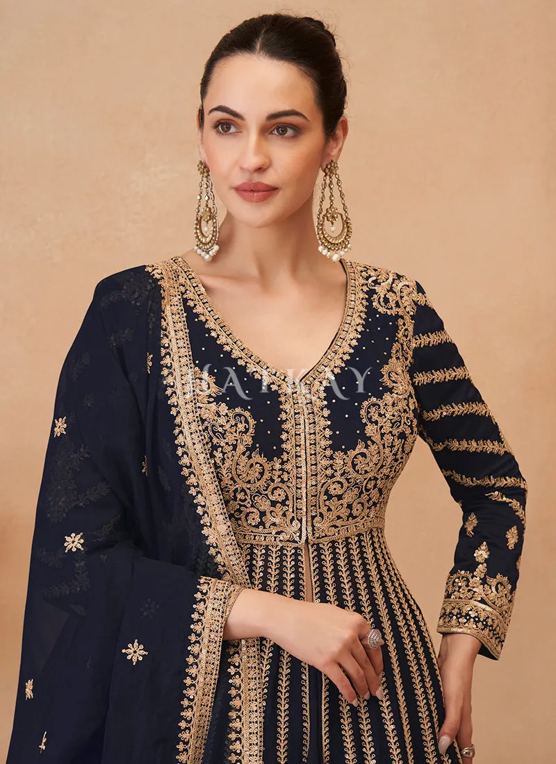 Dark Blue Slit Style Anarkali Lehenga