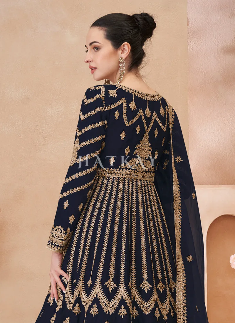 Dark Blue Slit Style Anarkali Lehenga