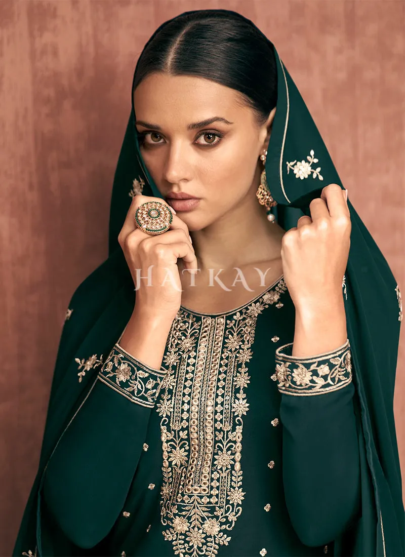 Dark Green Embroidered Georgette Gharara Suit