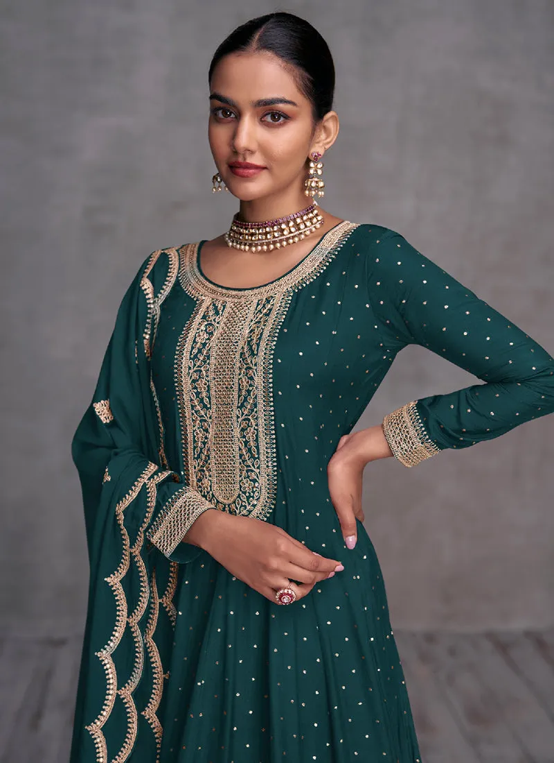 Dark Green Embroidery Designer Anarkali Palazzo Suit