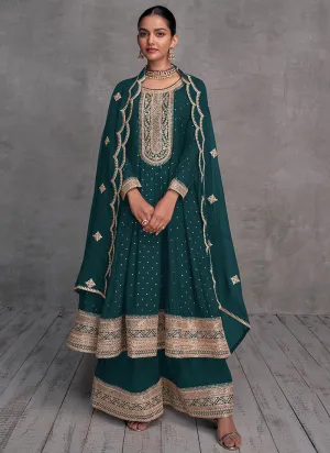 Dark Green Embroidery Designer Anarkali Palazzo Suit