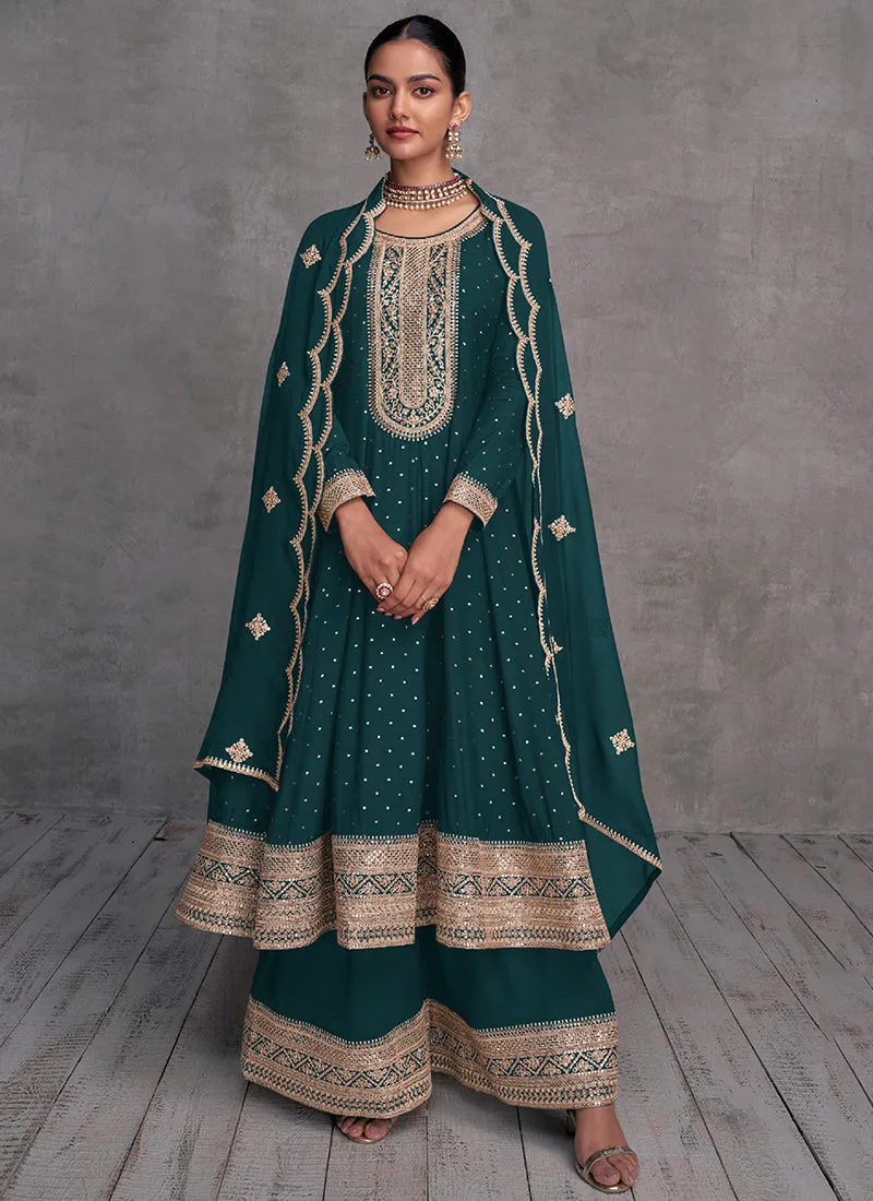 Dark Green Embroidery Designer Anarkali Palazzo Suit