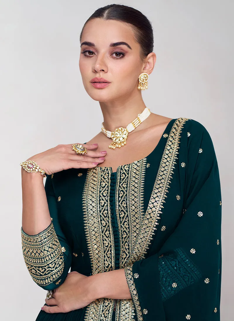 Dark Green Embroidery Traditional Palazzo Suit