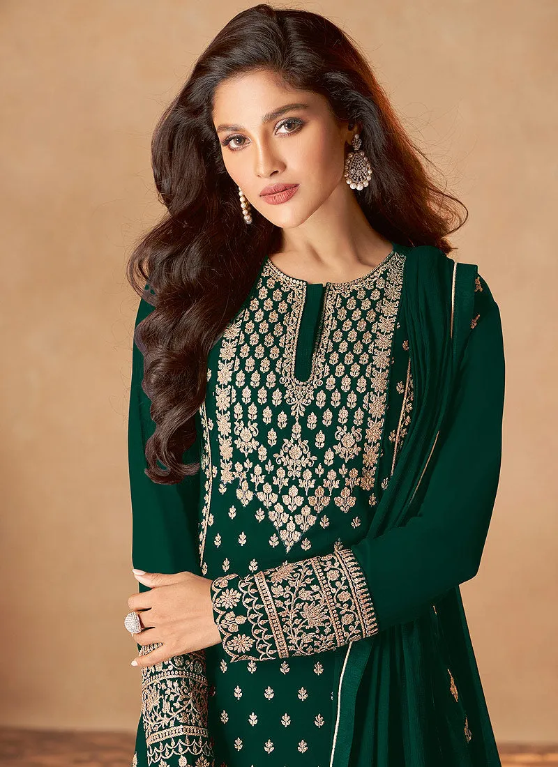 Dark Green Golden Embroidered Indian Designer Sharara Suit