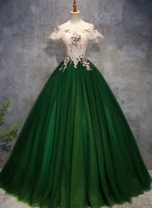 Dark Green Off Shoulder Tulle Long Party Dress, Sweet 16 Dress