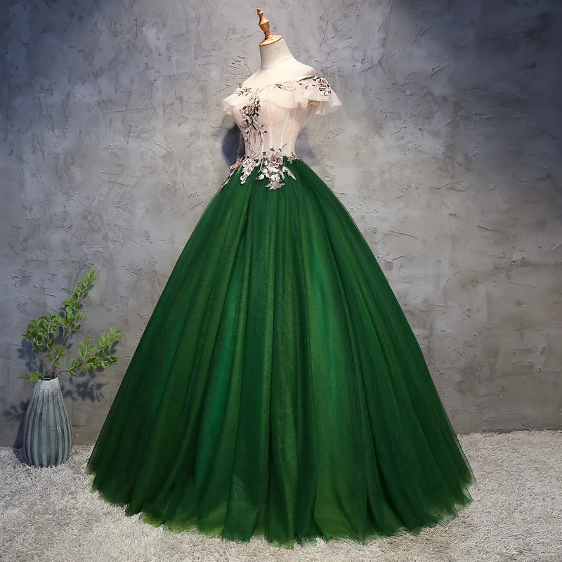 Dark Green Off Shoulder Tulle Long Party Dress, Sweet 16 Dress