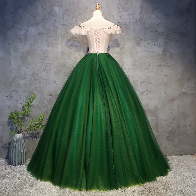 Dark Green Off Shoulder Tulle Long Party Dress, Sweet 16 Dress