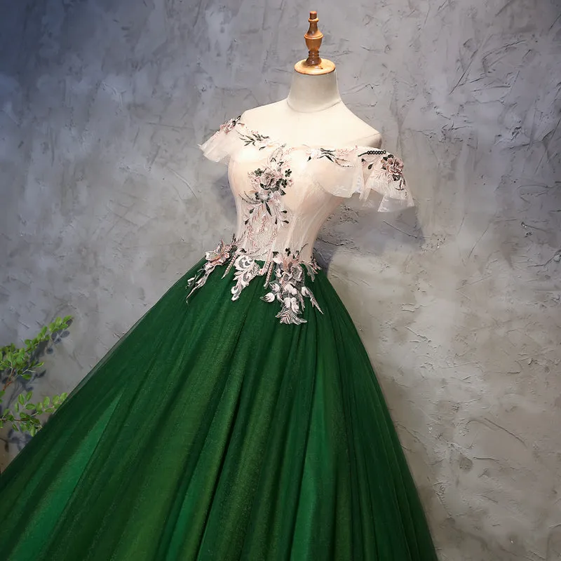 Dark Green Off Shoulder Tulle Long Party Dress, Sweet 16 Dress