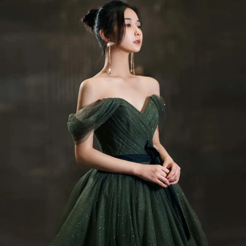 Dark Green Sweetheart Off Shoulder Long Formal Gown, Green Sweet 16 Dresses