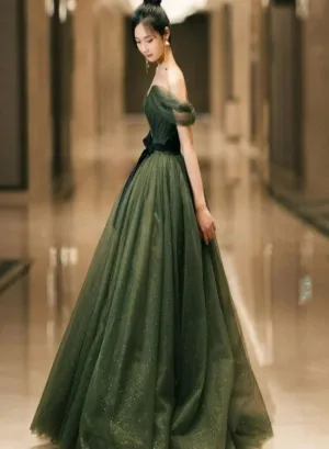 Dark Green Sweetheart Off Shoulder Long Formal Gown, Green Sweet 16 Dresses