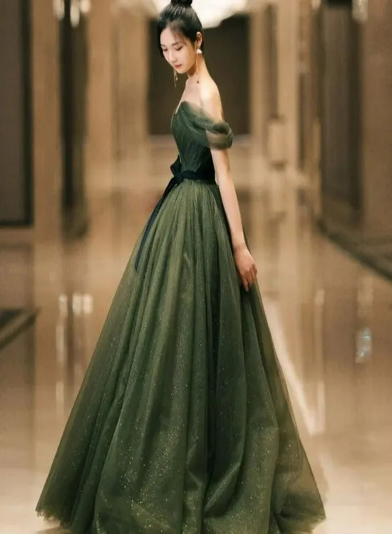 Dark Green Sweetheart Off Shoulder Long Formal Gown, Green Sweet 16 Dresses