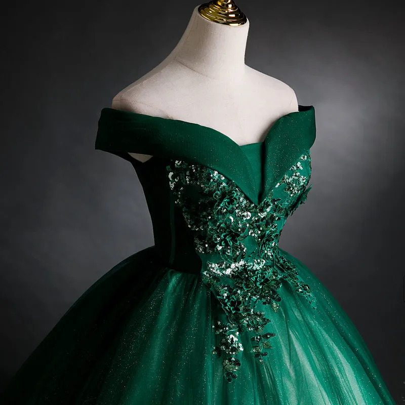 Dark Green Sweetheart Off Shoulder Long Party Dress with Lace Applique, Green Prom Dress